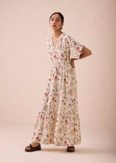 A Model Wearing White Handwoven Cotton Forest Bloom Handwoven Kala Cotton Maxi Dress, curated by Only Ethikal